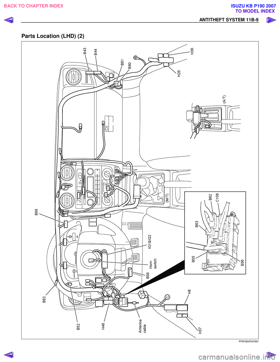ISUZU KB P190 2007 Workshop Repair Manual ANTITHEFT SYSTEM 11B-9
Parts Location (LHD) (2)
RTW 78AXF047601
BACK TO CHAPTER INDEXTO MODEL INDEX
ISUZU KB P190 2007 ISUZU KB P190 2007 Workshop Repair Manual ANTITHEFT SYSTEM 11B-9
Parts Location (LHD) (2)
RTW 78AXF047601
BACK TO CHAPTER INDEXTO MODEL INDEX
ISUZU KB P190 2007
