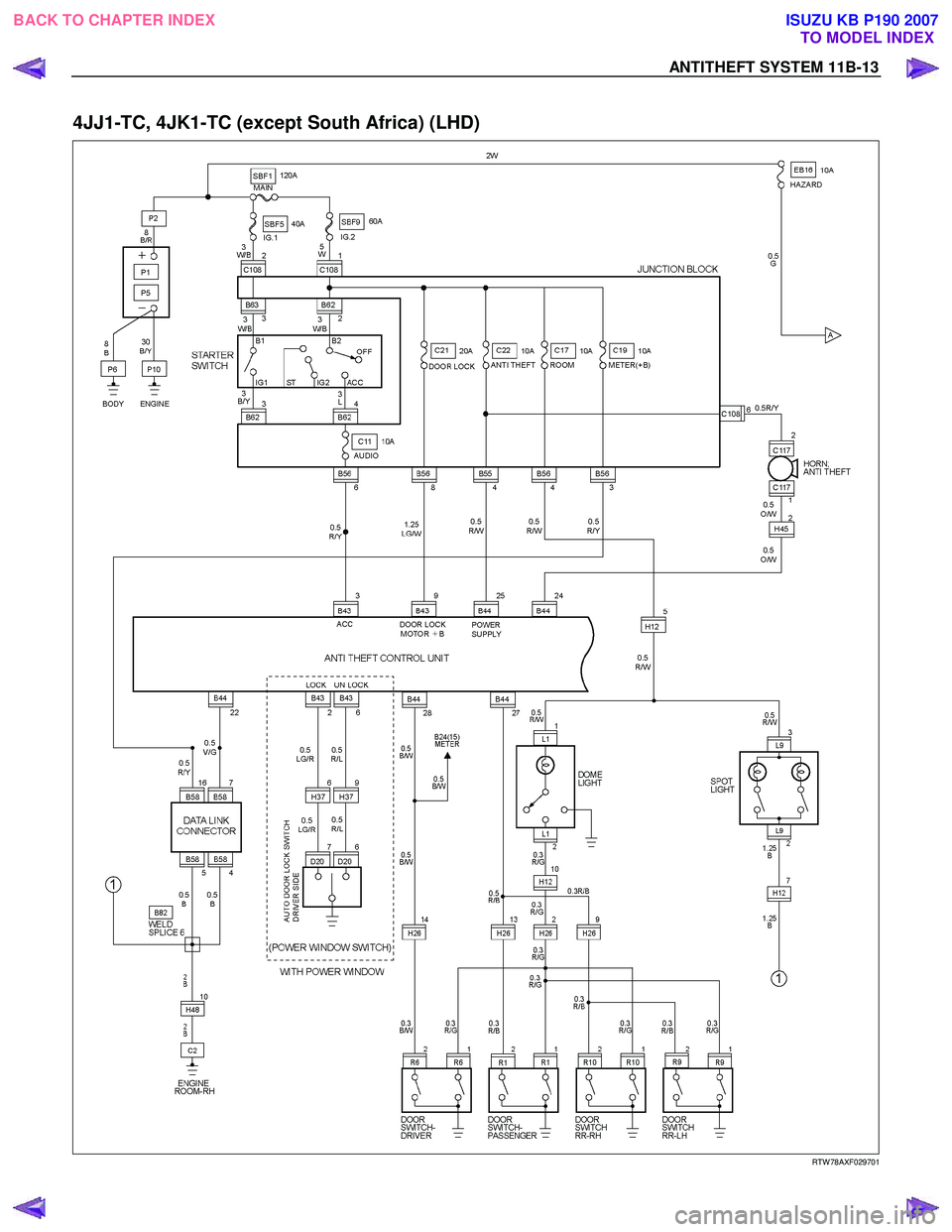 ISUZU KB P190 2007 Workshop Repair Manual ANTITHEFT SYSTEM 11B-13
4JJ1-TC, 4JK1-TC (except South Africa) (LHD)
RTW 78AXF029701
BACK TO CHAPTER INDEX
TO MODEL INDEX
ISUZU KB P190 2007 ISUZU KB P190 2007 Workshop Repair Manual ANTITHEFT SYSTEM 11B-13
4JJ1-TC, 4JK1-TC (except South Africa) (LHD)
RTW 78AXF029701
BACK TO CHAPTER INDEX
TO MODEL INDEX
ISUZU KB P190 2007