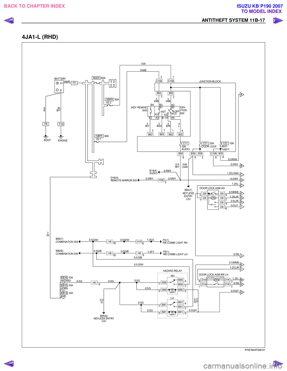 ISUZU KB P190 2007  Workshop Repair Manual ANTITHEFT SYSTEM 11B-17 
4JA1-L (RHD) 
   
 
 
 
 
 
 
 
 
RTW 78AXF009101 
 
BACK TO CHAPTER INDEX TO MODEL INDEX
ISUZU KB P190 2007 