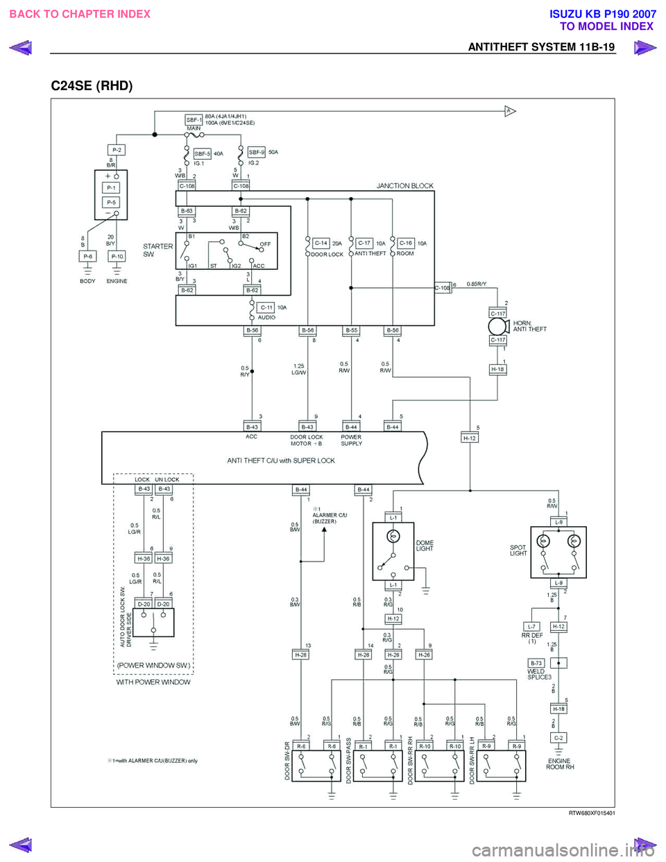 ISUZU KB P190 2007  Workshop Repair Manual ANTITHEFT SYSTEM 11B-19 
C24SE (RHD) 
  
  
RTW 680XF015401 
 
BACK TO CHAPTER INDEX
TO MODEL INDEX
ISUZU KB P190 2007 