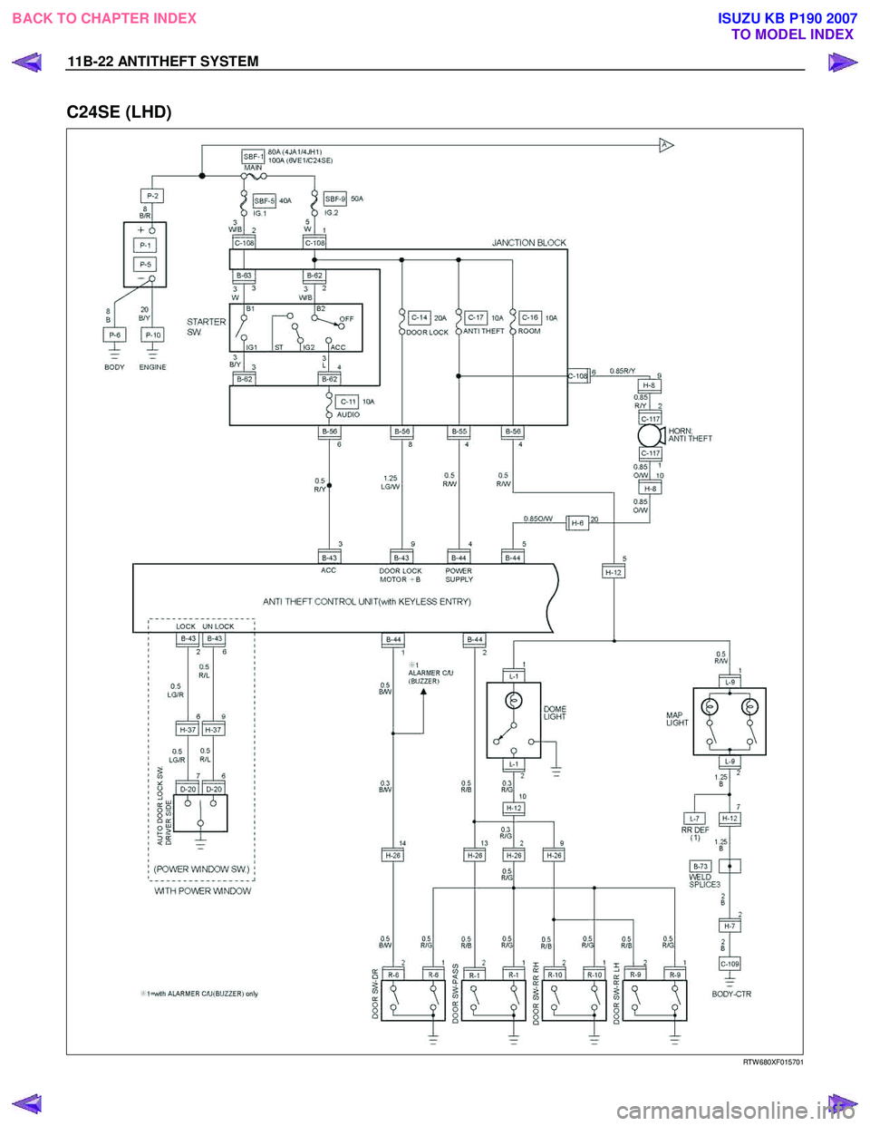 ISUZU KB P190 2007  Workshop Repair Manual 11B-22 ANTITHEFT SYSTEM 
C24SE (LHD) 
  
  
RTW 680XF015701 
 
BACK TO CHAPTER INDEX
TO MODEL INDEX
ISUZU KB P190 2007 