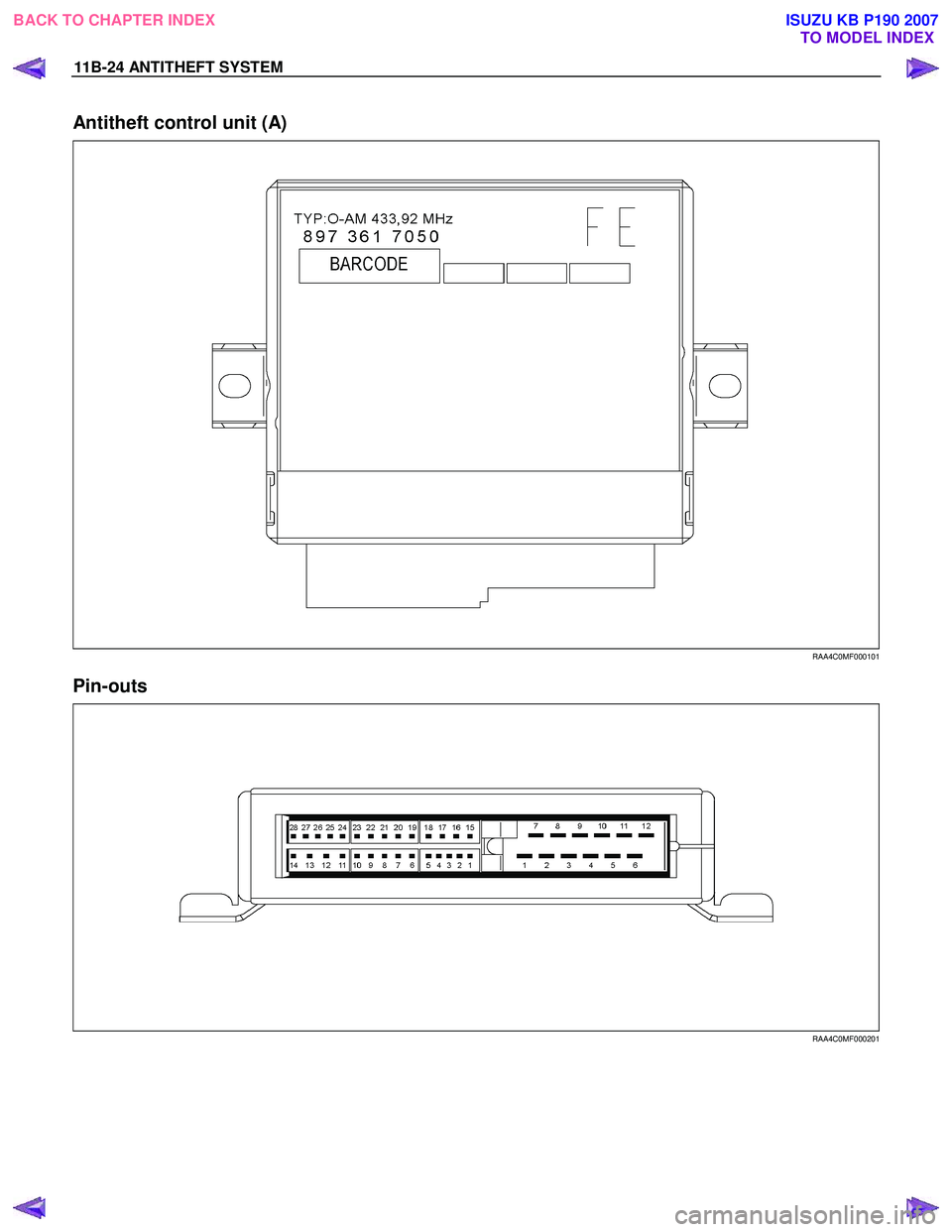 ISUZU KB P190 2007  Workshop Repair Manual 11B-24 ANTITHEFT SYSTEM 
Antitheft control unit (A) 
 
 RAA4C0MF000101 
Pin-outs 
 
 RAA4C0MF000201 
 
 
BACK TO CHAPTER INDEXTO MODEL INDEX
ISUZU KB P190 2007 