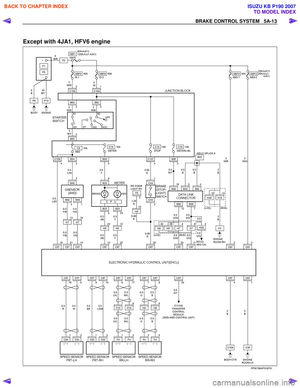 ISUZU KB P190 2007 Workshop Manual Online BRAKE CONTROL SYSTEM 5A-13
Except with 4JA1, HFV6 engine
RTW 78AXF018701
BACK TO CHAPTER INDEX
TO MODEL INDEX
ISUZU KB P190 2007 ISUZU KB P190 2007 Workshop Manual Online BRAKE CONTROL SYSTEM 5A-13
Except with 4JA1, HFV6 engine
RTW 78AXF018701
BACK TO CHAPTER INDEX
TO MODEL INDEX
ISUZU KB P190 2007