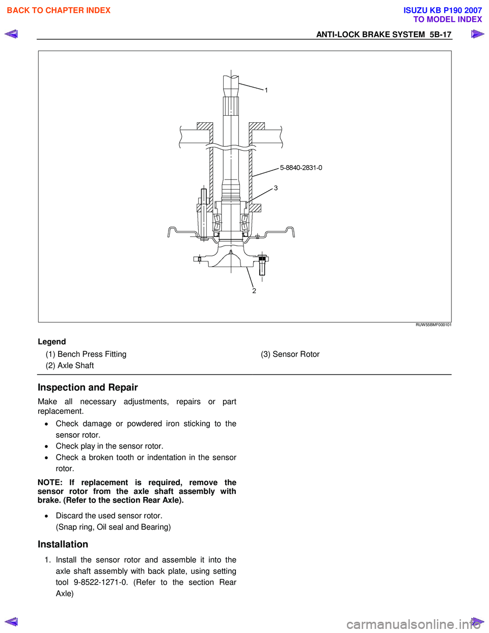 ISUZU KB P190 2007  Workshop Owners Guide ANTI-LOCK BRAKE SYSTEM  5B-17 
   
 
 
RUW 55BMF000101
 
Legend  
  (1) Bench Press Fitting  
  (2) Axle Shaft  
   
  
  (3) Sensor Rotor 
Inspection and Repair 
Make all necessary adjustments, repai