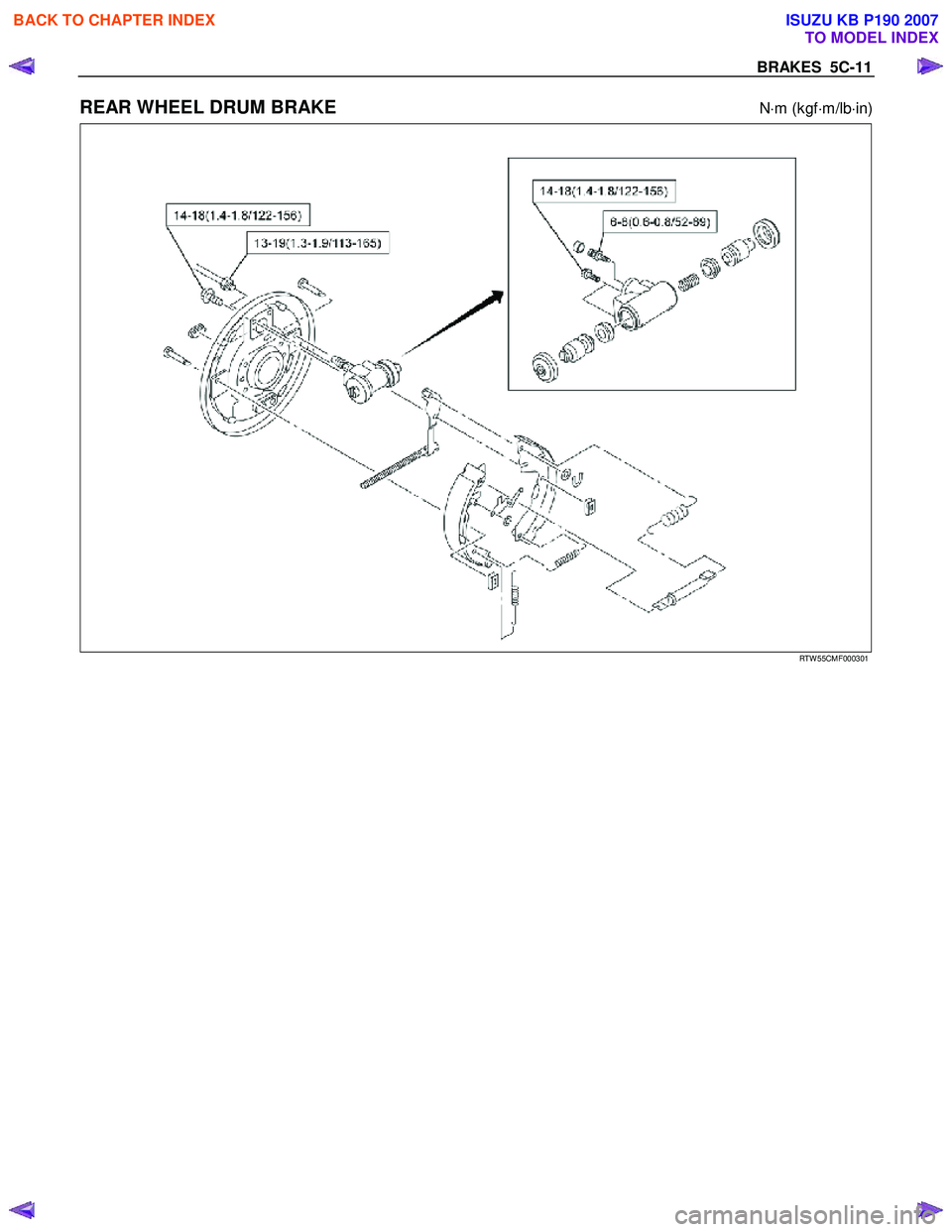 ISUZU KB P190 2007 Workshop Repair Manual BRAKES 5C-11
REAR WHEEL DRUM BRAKE N⋅m (kgf ⋅m/lb ⋅in)
RTW 55CMF000301
BACK TO CHAPTER INDEX
TO MODEL INDEX
ISUZU KB P190 2007 ISUZU KB P190 2007 Workshop Repair Manual BRAKES 5C-11
REAR WHEEL DRUM BRAKE N⋅m (kgf ⋅m/lb ⋅in)
RTW 55CMF000301
BACK TO CHAPTER INDEX
TO MODEL INDEX
ISUZU KB P190 2007
