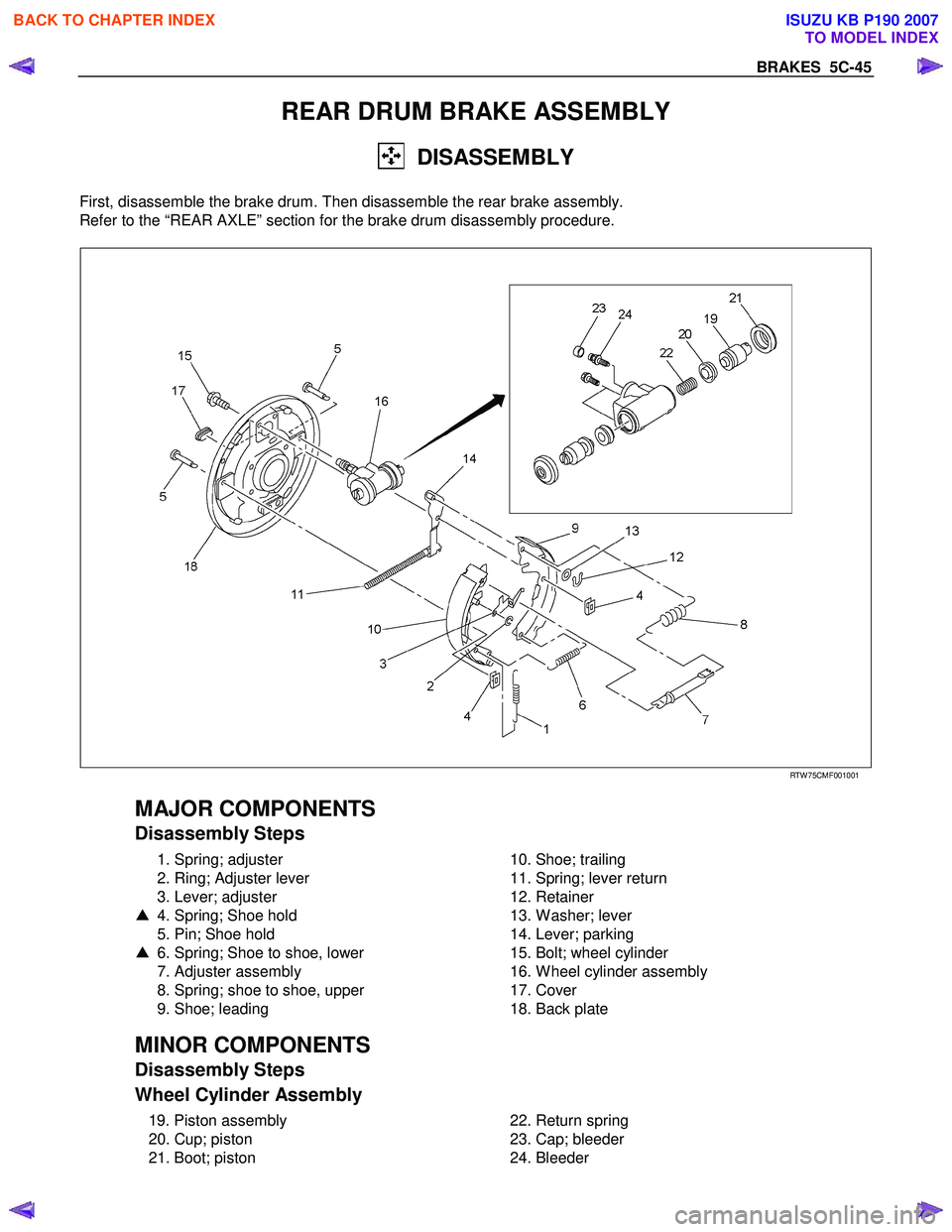 ISUZU KB P190 2007 Workshop Owners Manual BRAKES 5C-45
REAR DRUM BRAKE ASSEMBLY
DISASSEMBLY
First, disassemble the brake drum. Then disassemble the rear brake assembly.
Refer to the “REAR AXLE” section for the brake drum disasse ISUZU KB P190 2007 Workshop Owners Manual BRAKES 5C-45
REAR DRUM BRAKE ASSEMBLY
DISASSEMBLY
First, disassemble the brake drum. Then disassemble the rear brake assembly.
Refer to the “REAR AXLE” section for the brake drum disasse