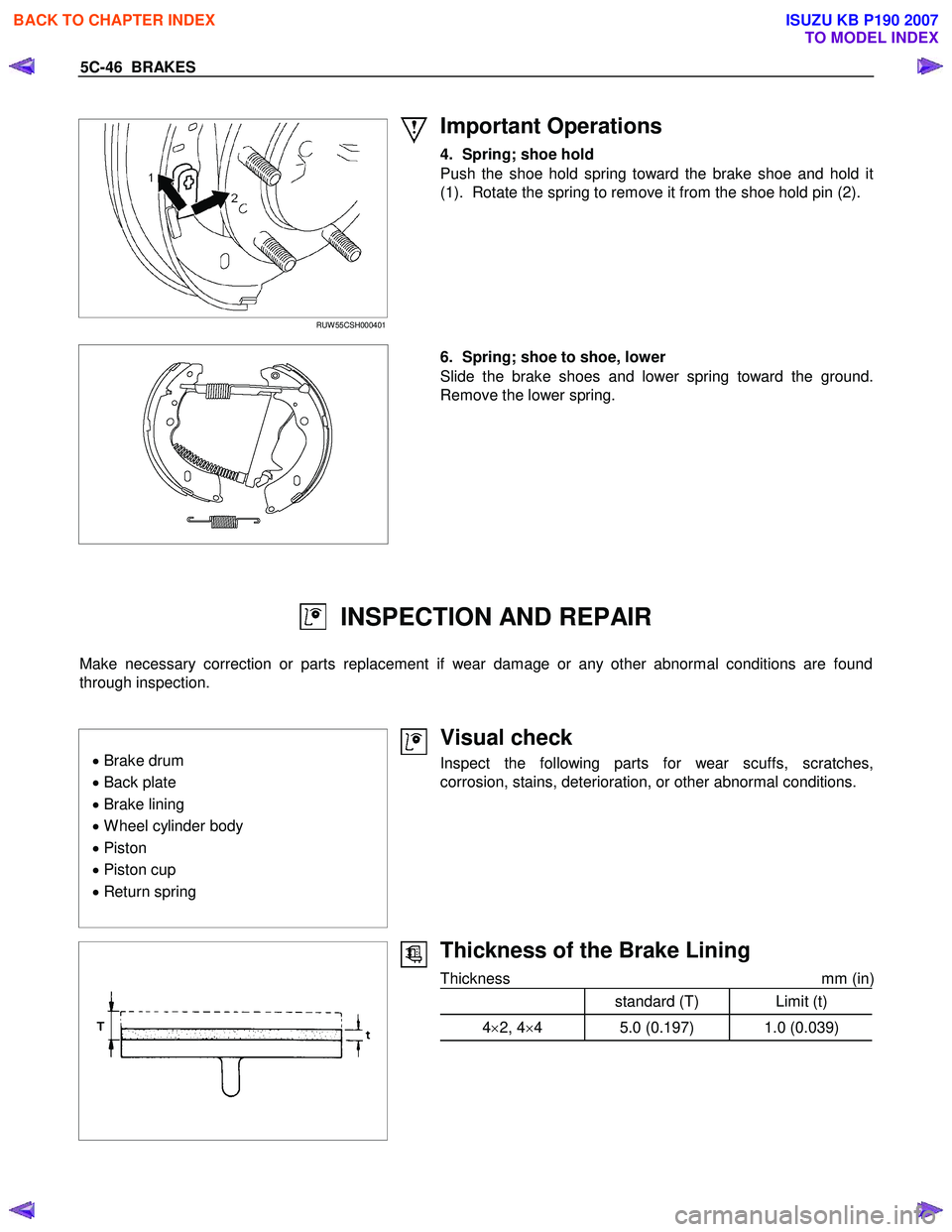 ISUZU KB P190 2007  Workshop Repair Manual 5C-46  BRAKES 
 
  
 
RUW 55CSH000401 
 
 
Important Operations 
4.  Spring; shoe hold  
Push the shoe hold spring toward the brake shoe and hold it 
(1).  Rotate the spring to remove it from the shoe