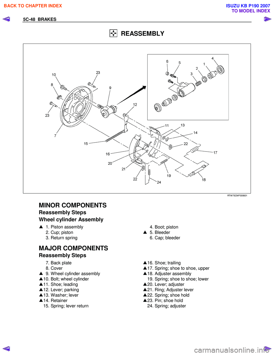 ISUZU KB P190 2007 Workshop Owners Manual 5C-48 BRAKES
REASSEMBLY
RTW 75CMF000601
MINOR COMPONENTS
Reassembly Steps
Wheel cylinder Assembly
▲ 1. Piston assembly
2. Cup; piston
3. Return spring
4. Boot; ISUZU KB P190 2007 Workshop Owners Manual 5C-48 BRAKES
REASSEMBLY
RTW 75CMF000601
MINOR COMPONENTS
Reassembly Steps
Wheel cylinder Assembly
▲ 1. Piston assembly
2. Cup; piston
3. Return spring
4. Boot;