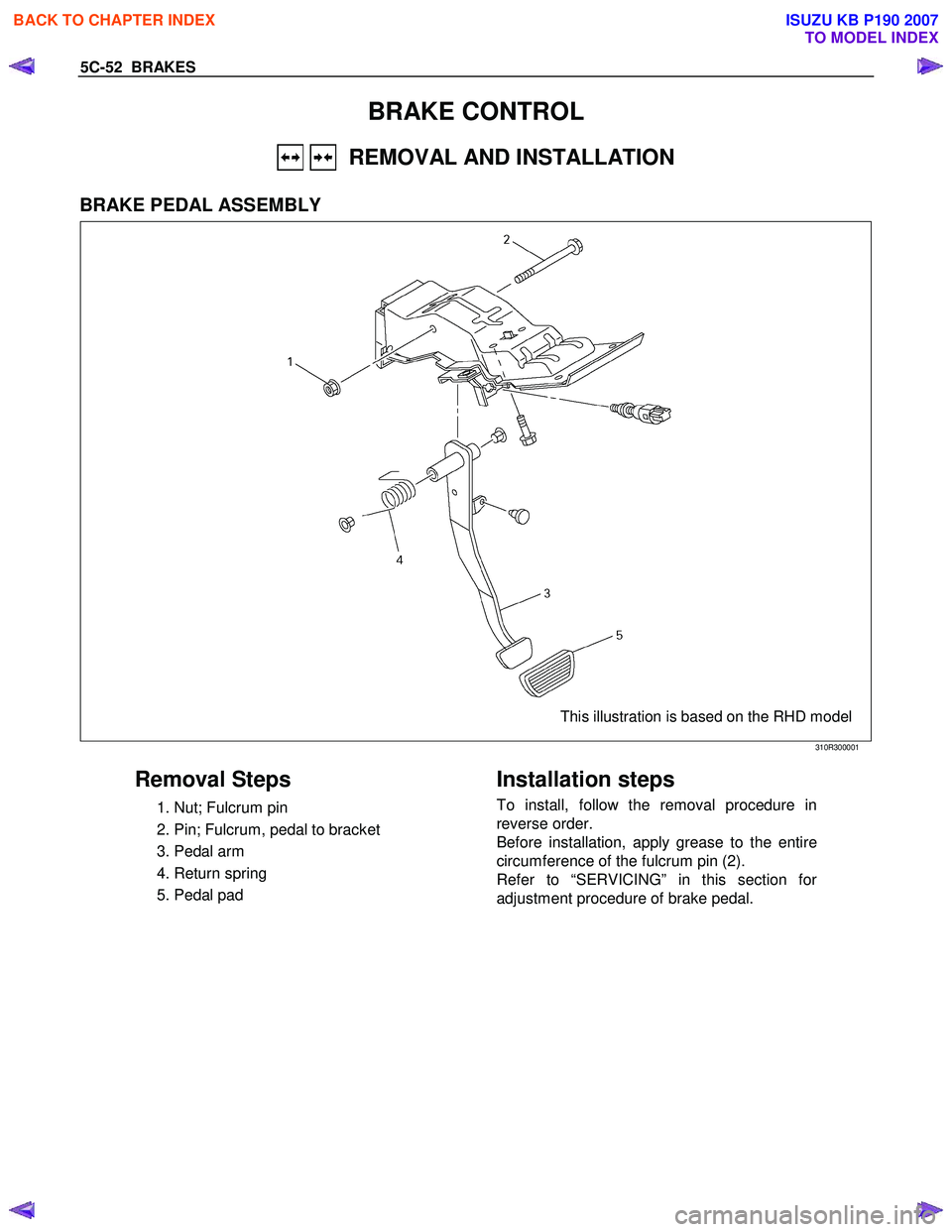 ISUZU KB P190 2007 Workshop Repair Manual 5C-52 BRAKES
BRAKE CONTROL
REMOVAL AND INSTALLATION
BRAKE PEDAL ASSEMBLY
This illustration is based on the RHD model
310R300001
Removal Steps
1. Nut; Fulcrum pin
2. Pin; Fulc ISUZU KB P190 2007 Workshop Repair Manual 5C-52 BRAKES
BRAKE CONTROL
REMOVAL AND INSTALLATION
BRAKE PEDAL ASSEMBLY
This illustration is based on the RHD model
310R300001
Removal Steps
1. Nut; Fulcrum pin
2. Pin; Fulc