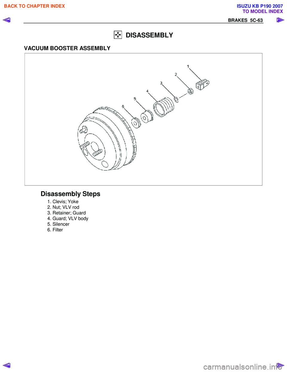 ISUZU KB P190 2007  Workshop Repair Manual BRAKES  5C-63 
  DISASSEMBLY 
 
VACUUM BOOSTER ASSEMBLY 
  
 
 
 
 
Disassembly Steps 
  1. Clevis; Yoke  
  2. Nut; VLV rod 
  3. Retainer; Guard 
  4. Guard; VLV body 
 5. Silencer 
 6. Filter   
 
