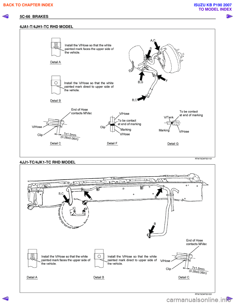 ISUZU KB P190 2007  Workshop Repair Manual 5C-66  BRAKES 
4JA1-T/4JH1-TC RHD MODEL 
   
 
 
 RTW 75CMF001101 
4JJ1-TC/4JK1-TC RHD MODEL 
  
 
 
 RTW 75CMF001301 
 
BACK TO CHAPTER INDEX
TO MODEL INDEX
ISUZU KB P190 2007 