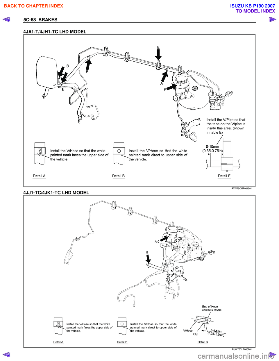 ISUZU KB P190 2007  Workshop Repair Manual 5C-68  BRAKES 
4JA1-T/4JH1-TC LHD MODEL 
   
 
 
 RTW 75CMF001201 
4JJ1-TC/4JK1-TC LHD MODEL 
  
  RUW 75CLF000201 
 
BACK TO CHAPTER INDEX
TO MODEL INDEX
ISUZU KB P190 2007 