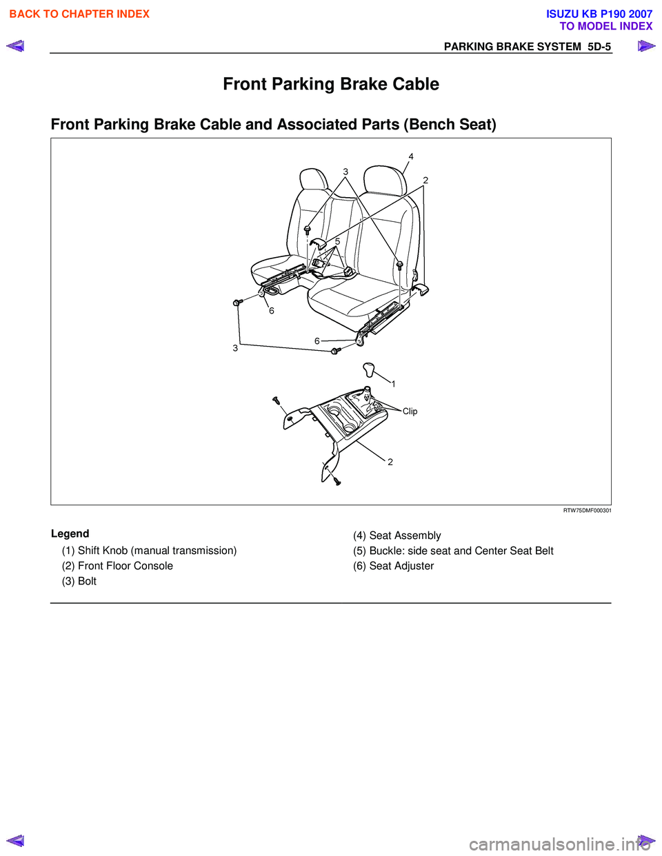 ISUZU KB P190 2007 Workshop Repair Manual PARKING BRAKE SYSTEM 5D-5
Front Parking Brake Cable
Front Parking Brake Cable and Associated Parts (Bench Seat)
RTW 75DMF000301
Legend
(1) Shift Knob (manual transmission)
(2) F ISUZU KB P190 2007 Workshop Repair Manual PARKING BRAKE SYSTEM 5D-5
Front Parking Brake Cable
Front Parking Brake Cable and Associated Parts (Bench Seat)
RTW 75DMF000301
Legend
(1) Shift Knob (manual transmission)
(2) F