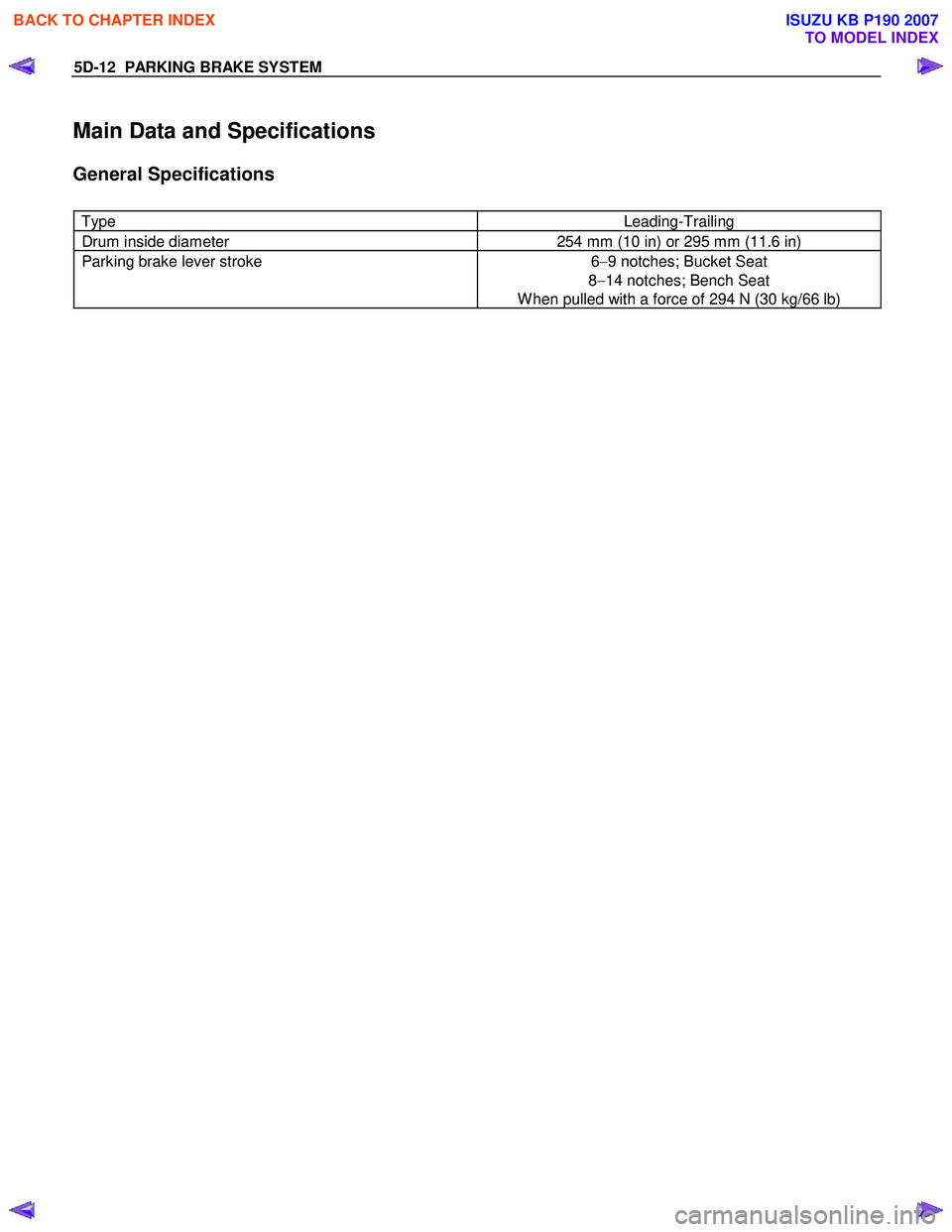 ISUZU KB P190 2007  Workshop Repair Manual 5D-12  PARKING BRAKE SYSTEM 
Main Data and Specifications 
General Specifications 
 
Type   Leading-Trailing 
Drum inside diameter   254 mm (10 in) or 295 mm (11.6 in) 
Parking brake lever stroke 
6