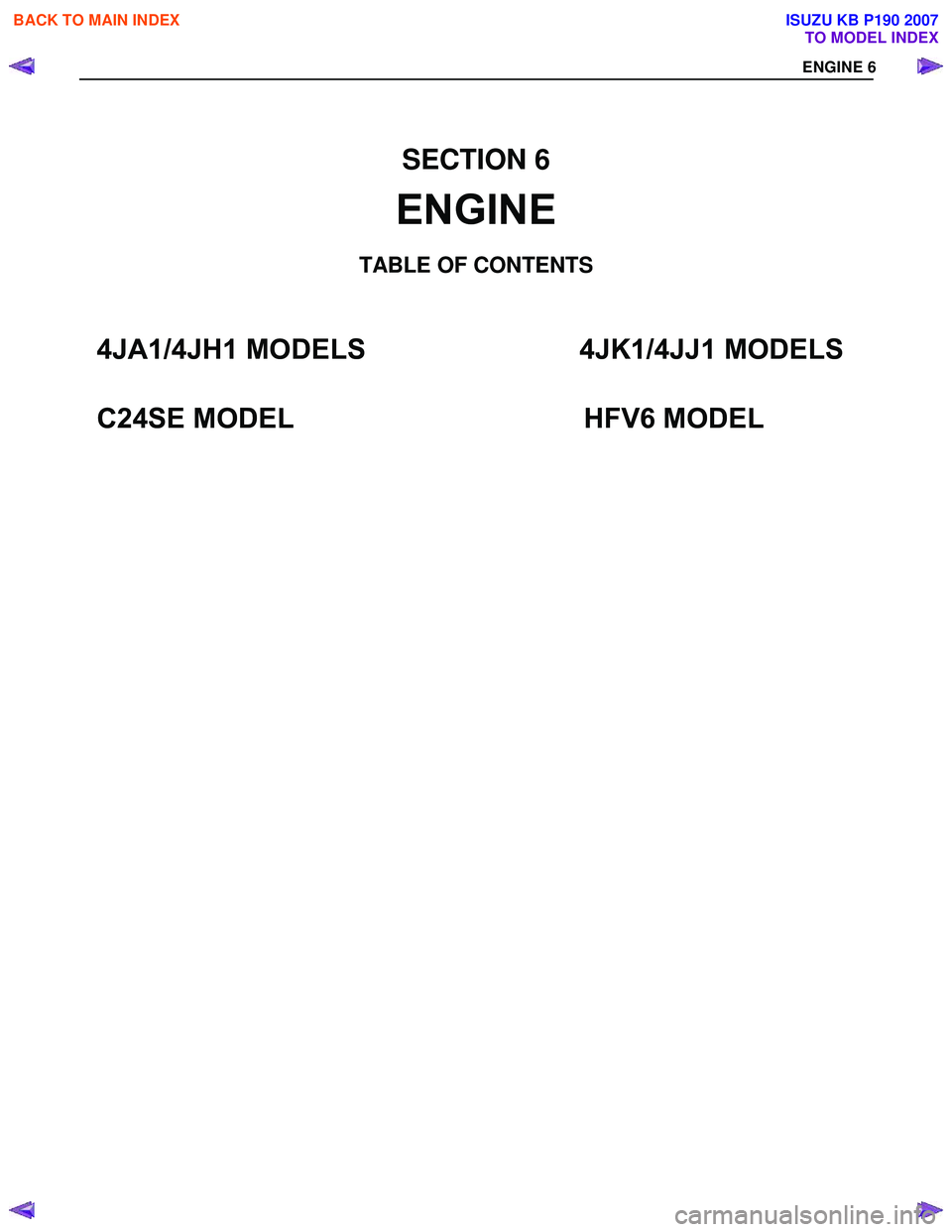 ISUZU KB P190 2007  Workshop Repair Manual  
 
SECTION 6  
ENGINE 
TA BLE OF CONTENTS 
ENGINE  6 
TO MODEL INDEX
BACK TO MAIN INDEX
ISUZU KB P190 2007
4JA1/4JH1 MODELS                  4JK1/4JJ1 MODELS  
 
  
C24SE MODEL  HFV6 MODEL 
  