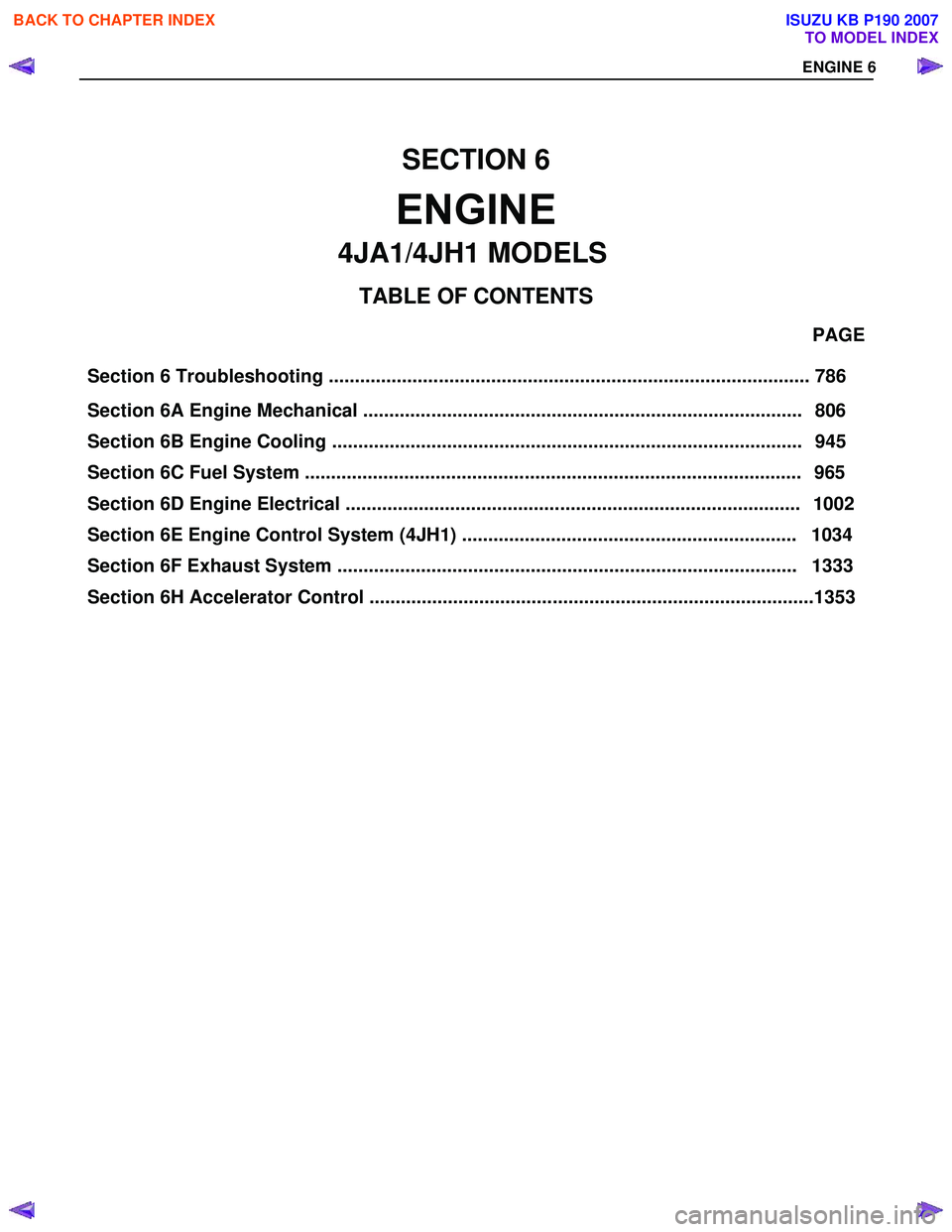 ISUZU KB P190 2007  Workshop Repair Manual Section 6 Troubleshooting ....................................................................................... ..... 786
                                                                     PAGE 
S