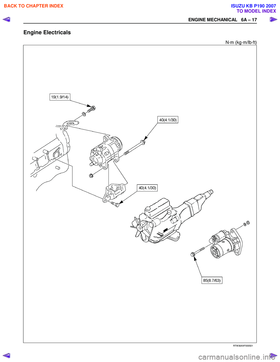 ISUZU KB P190 2007  Workshop Repair Manual ENGINE MECHANICAL   6A – 17 
Engine Electricals 
N·m (kg·m/lb·ft) 
 
  
 
 
 
 
 
 
 
 
 
 
RTW 36AXF000501 
 
BACK TO CHAPTER INDEX
TO MODEL INDEX
ISUZU KB P190 2007 