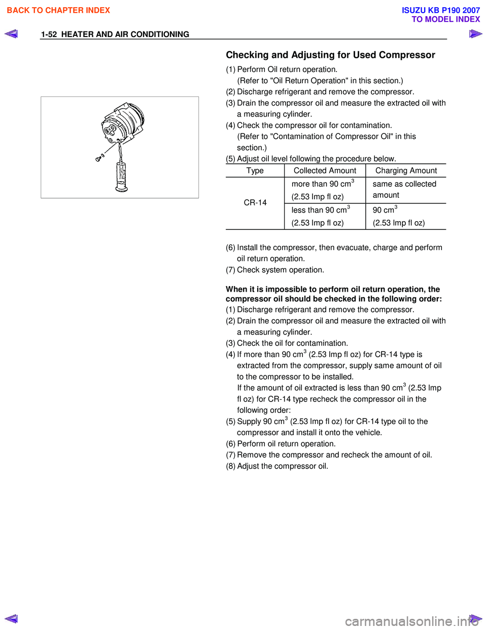 ISUZU KB P190 2007  Workshop Repair Manual 1-52  HEATER AND AIR CONDITIONING 
  Checking and Adjusting for Used Compressor 
(1) Perform Oil return operation.  
  (Refer to "Oil Return Operation" in this section.) 
(2) Discharge refrigerant and