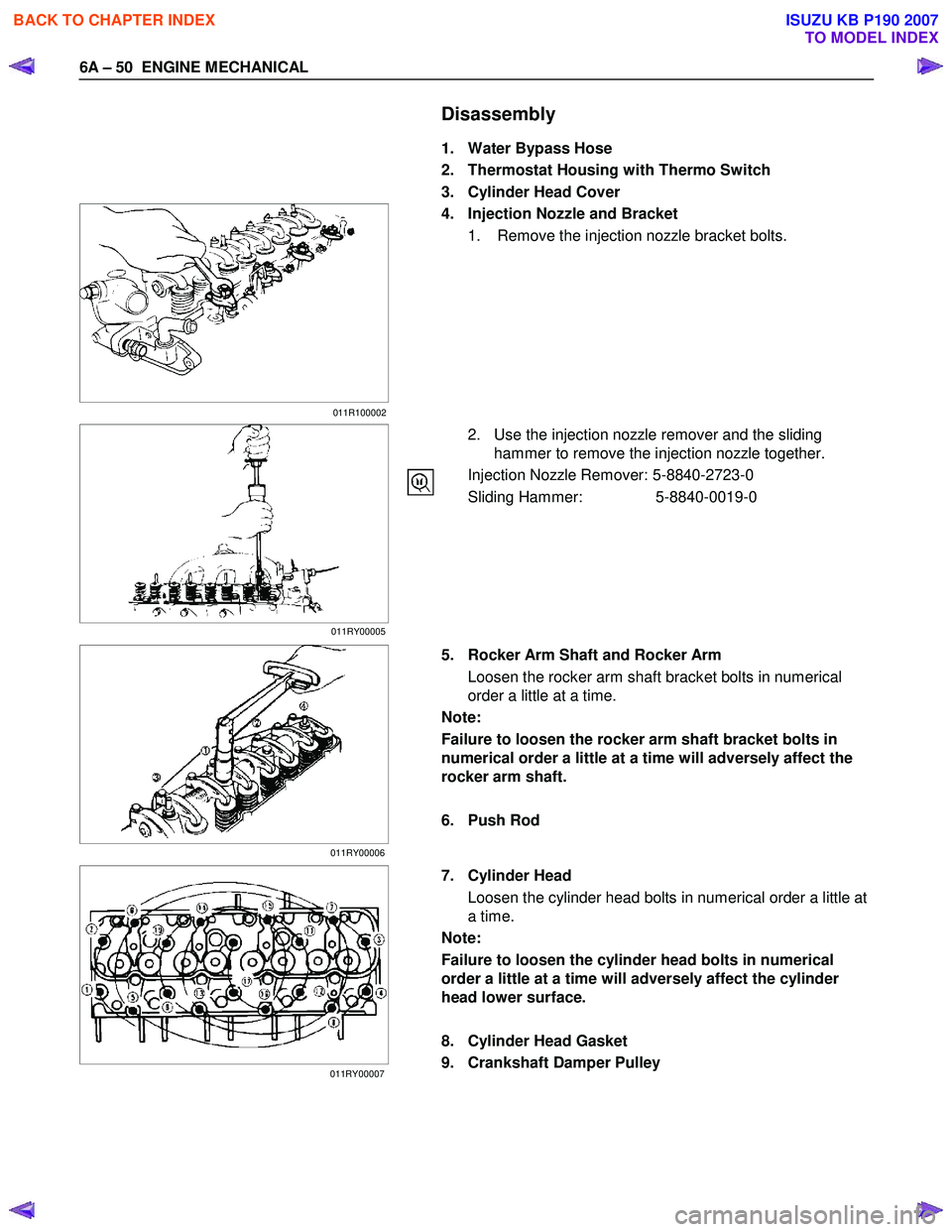 ISUZU KB P190 2007  Workshop Owners Manual 6A – 50  ENGINE MECHANICAL 
   Disassembly 
  1.  Water Bypass Hose  
2.  Thermostat Housing with Thermo Switch 
3.  Cylinder Head Cover 
  4.  Injection Nozzle and Bracket 
1.  Remove the injection