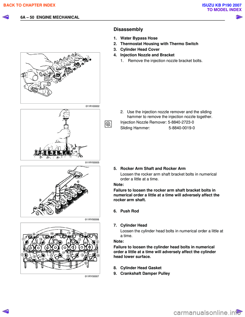 ISUZU KB P190 2007  Workshop Repair Manual 6A – 50  ENGINE MECHANICAL 
   Disassembly 
  1.  Water Bypass Hose  
2.  Thermostat Housing with Thermo Switch 
3.  Cylinder Head Cover 
  4.  Injection Nozzle and Bracket 
1.  Remove the injection