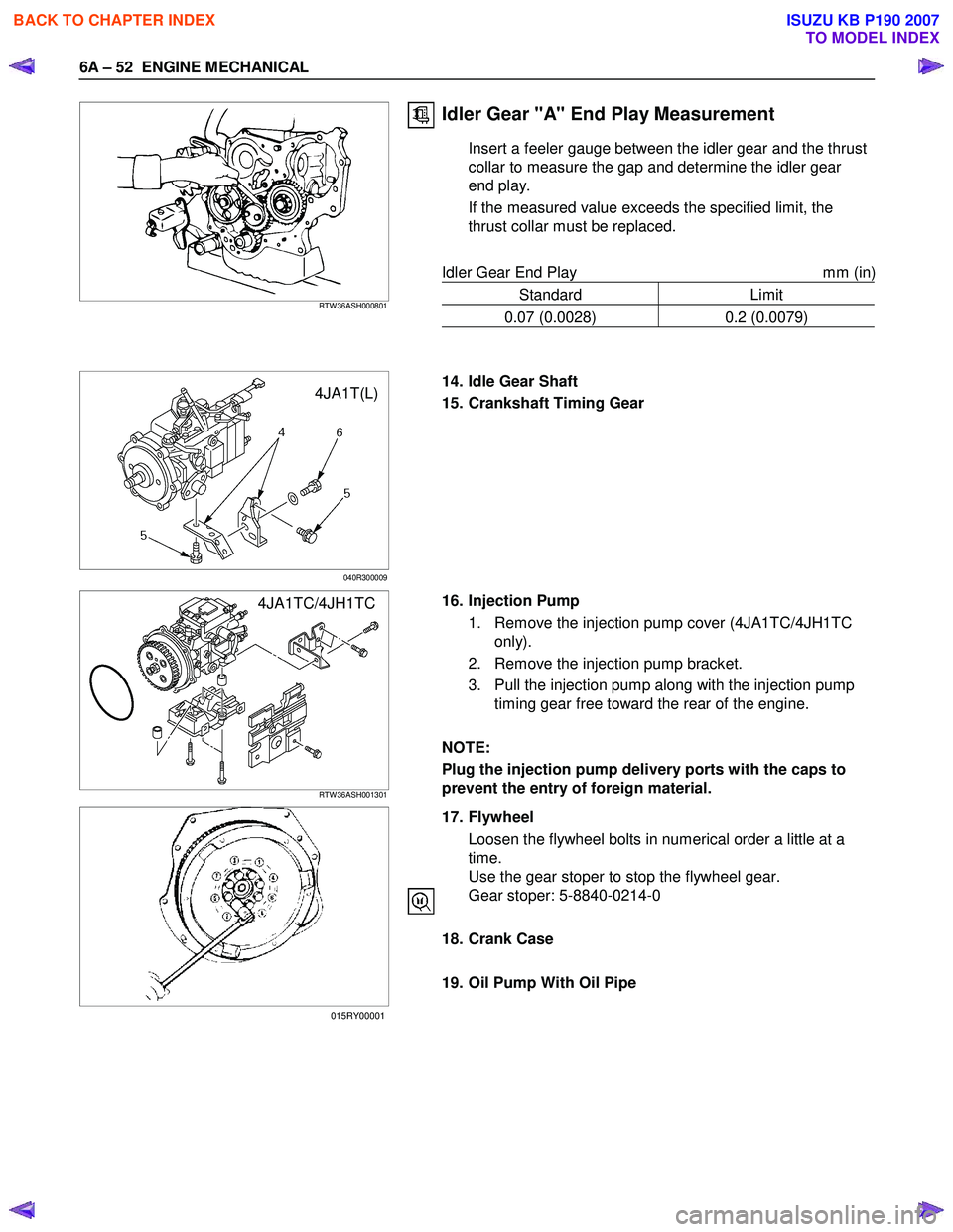 ISUZU KB P190 2007  Workshop Owners Guide 6A – 52  ENGINE MECHANICAL 
    
 
 RTW 36ASH000801 
Idler Gear "A" End Play Measurement 
Insert a feeler gauge between the idler gear and the thrust  
collar to measure the gap and determine the id