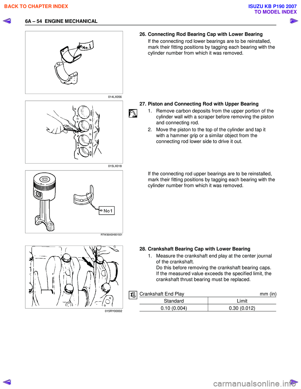 ISUZU KB P190 2007  Workshop Repair Manual 6A – 54  ENGINE MECHANICAL 
   26. Connecting Rod Bearing Cap with Lower Bearing 
If the connecting rod lower bearings are to be reinstalled,  
mark their fitting positions by tagging each bearing w