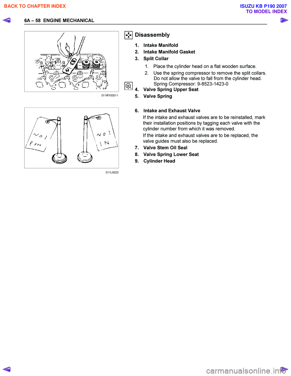 ISUZU KB P190 2007  Workshop Repair Manual 6A – 58  ENGINE MECHANICAL 
  
 
 
  
 
 
 
 
 
 
 
 
 
 
 
 
 
 
  
 
 
 
Disassembly 
1. Intake Manifold  
2.  Intake Manifold Gasket 
3. Split Collar 
1.  Place the cylinder head on a flat wooden