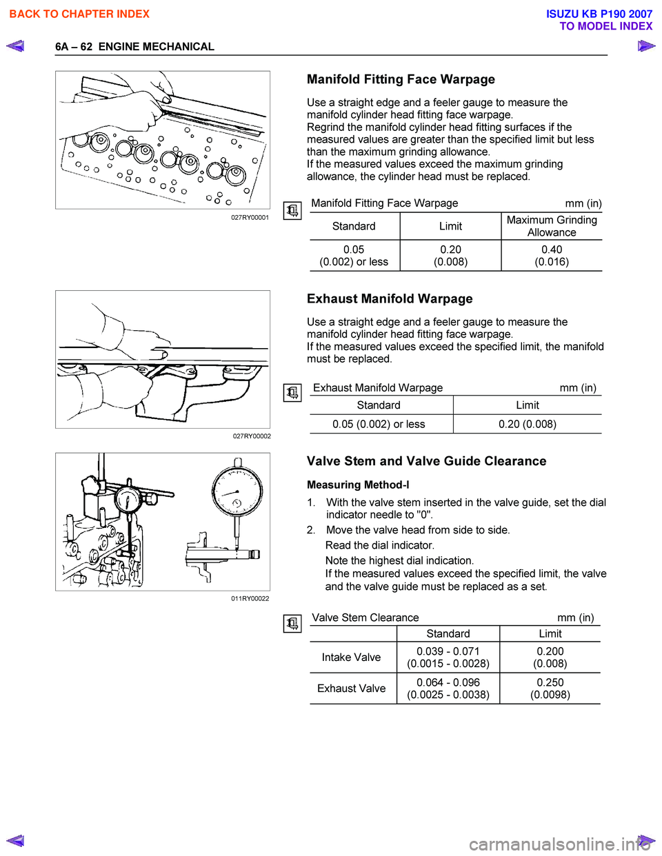 ISUZU KB P190 2007  Workshop Repair Manual 6A – 62  ENGINE MECHANICAL 
 
   
 
 
 
 
 
 
 
 
 
 
 
 
 
 
 
 
 
 
 
 Manifold Fitting Face Warpage 
Use a straight edge and a feeler gauge to measure the  
manifold cylinder head fitting face wa