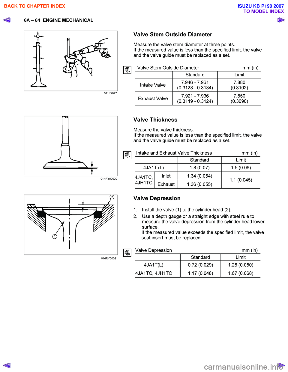 ISUZU KB P190 2007  Workshop Repair Manual 6A – 64  ENGINE MECHANICAL 
 
 
   
 
 
 
 
 
 
 
 
 
 
 
 Valve Stem Outside Diameter 
Measure the valve stem diameter at three points.  
If the measured value is less than the specified limit, the