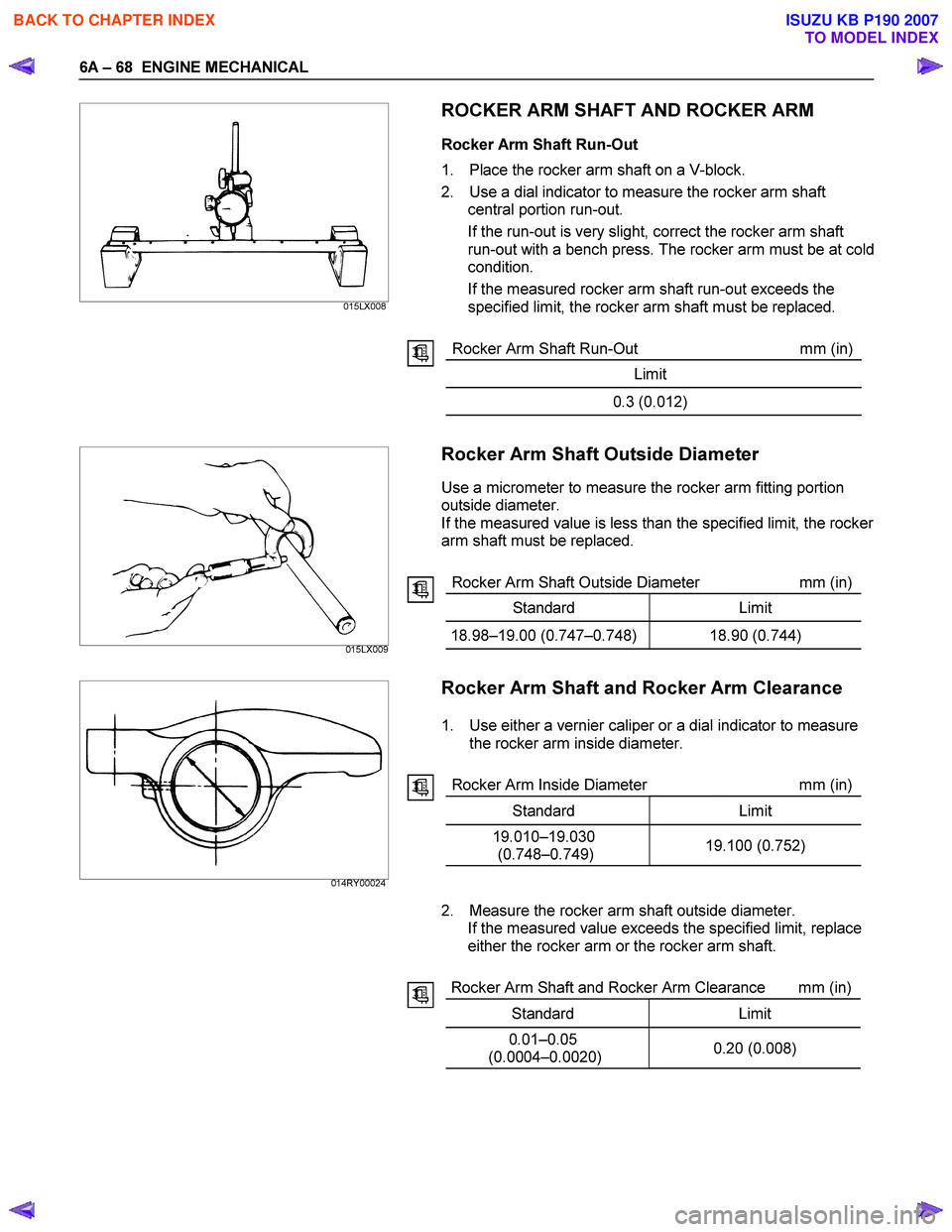 ISUZU KB P190 2007 Workshop Repair Manual 6A – 68 ENGINE MECHANICAL
ROCKER ARM SHAFT AND ROCKER ARM
Rocker Arm Shaft Run-Out
1. Place the rocker arm shaft on a V-block. ISUZU KB P190 2007 Workshop Repair Manual 6A – 68 ENGINE MECHANICAL
ROCKER ARM SHAFT AND ROCKER ARM
Rocker Arm Shaft Run-Out
1. Place the rocker arm shaft on a V-block.