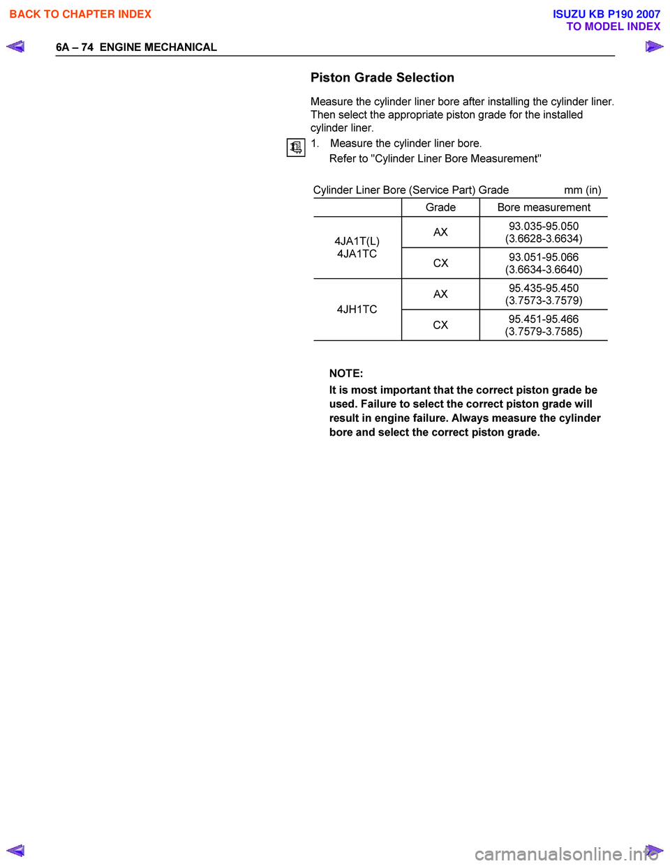 ISUZU KB P190 2007 Workshop Repair Manual 6A – 74 ENGINE MECHANICAL
Piston Grade Selection
Measure the cylinder liner bore after installing the cylinder liner.
Then select the appropriate piston grade for the ins ISUZU KB P190 2007 Workshop Repair Manual 6A – 74 ENGINE MECHANICAL
Piston Grade Selection
Measure the cylinder liner bore after installing the cylinder liner.
Then select the appropriate piston grade for the ins