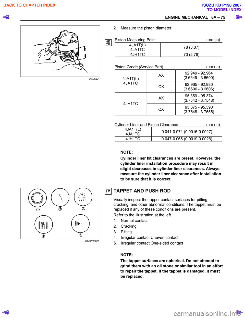 ISUZU KB P190 2007  Workshop Repair Manual ENGINE MECHANICAL   6A – 75 
 
 
   
 
 
 
 
 
  
 
 
 
 
 
 
 
 
 
 
 
 
 
 
 
 
 
 
 
 
 
 
 
 
 
 
 
 
 
 
 
  
 
2.  Measure the piston diameter.  
   
Piston Measuring Point  mm (in)
4JA1T(L)  