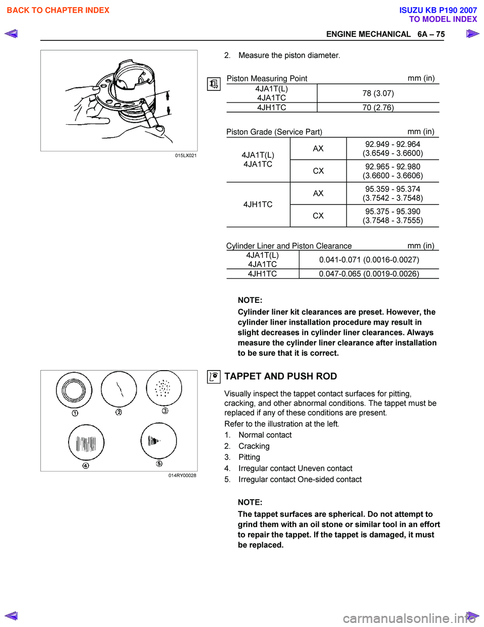 ISUZU KB P190 2007 Workshop Repair Manual ENGINE MECHANICAL 6A – 75
2. Measure the piston diameter.
Piston Measuring Point mm (in)
4JA1T(L) ISUZU KB P190 2007 Workshop Repair Manual ENGINE MECHANICAL 6A – 75
2. Measure the piston diameter.
Piston Measuring Point mm (in)
4JA1T(L)
