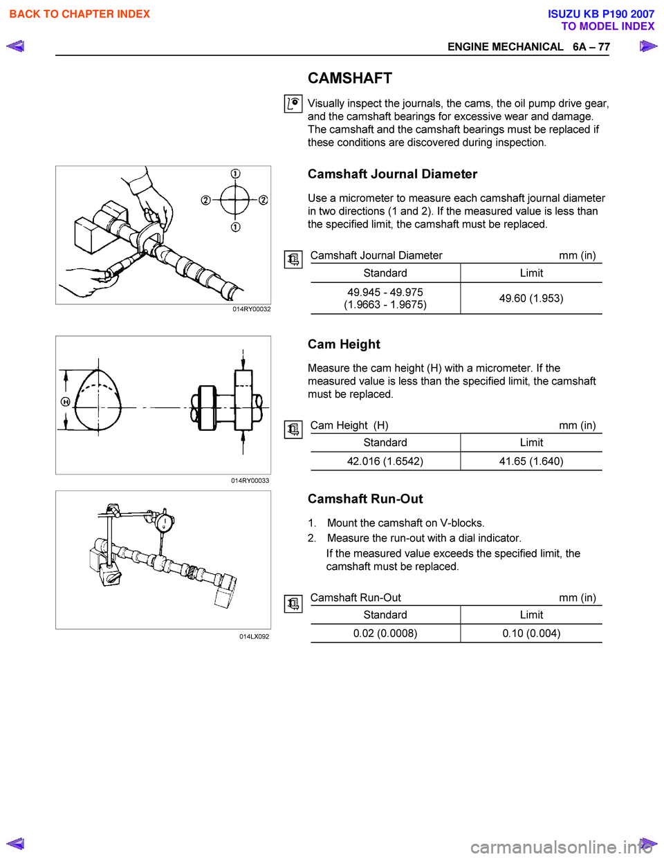 ISUZU KB P190 2007 Workshop Repair Manual ENGINE MECHANICAL 6A – 77
CAMSHAFT
Visually inspect the journals, the cams, the oil pump drive gear,
and the camshaft bearings for excessive wear and damage.
The camshaft and the cam ISUZU KB P190 2007 Workshop Repair Manual ENGINE MECHANICAL 6A – 77
CAMSHAFT
Visually inspect the journals, the cams, the oil pump drive gear,
and the camshaft bearings for excessive wear and damage.
The camshaft and the cam