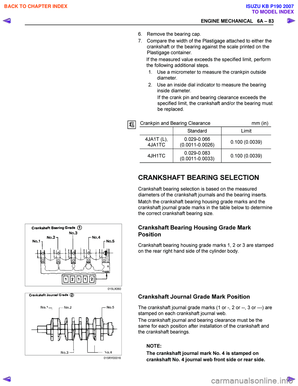 ISUZU KB P190 2007 Workshop Repair Manual ENGINE MECHANICAL 6A – 83
6. Remove the bearing cap.
7. Compare the width of the Plastigage attached to either the crankshaft ISUZU KB P190 2007 Workshop Repair Manual ENGINE MECHANICAL 6A – 83
6. Remove the bearing cap.
7. Compare the width of the Plastigage attached to either the crankshaft