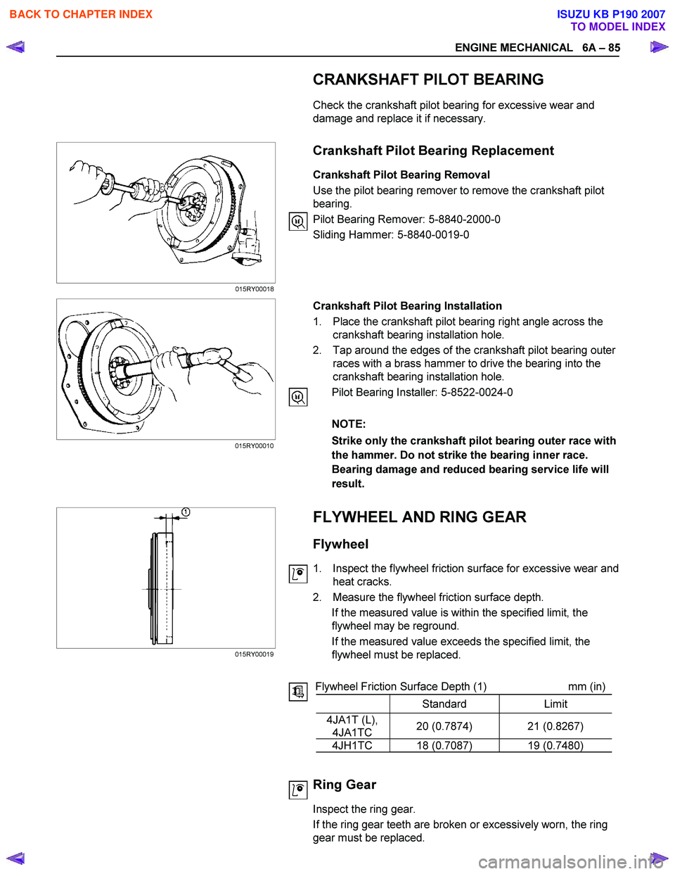 ISUZU KB P190 2007 Workshop Manual PDF ENGINE MECHANICAL 6A – 85
CRANKSHAFT PILOT BEARING
Check the crankshaft pilot bearing for excessive wear and
damage and replace it if necessary.
Crankshaft ISUZU KB P190 2007 Workshop Manual PDF ENGINE MECHANICAL 6A – 85
CRANKSHAFT PILOT BEARING
Check the crankshaft pilot bearing for excessive wear and
damage and replace it if necessary.
Crankshaft