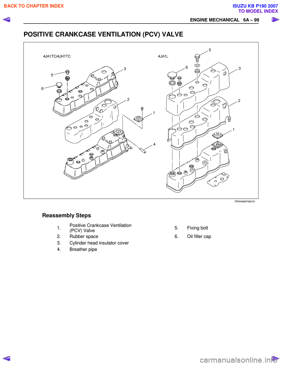 ISUZU KB P190 2007  Workshop Repair Manual ENGINE MECHANICAL   6A – 99 
 
POSITIVE CRANKCASE VENTILATION (PCV) VALVE 
  
  
RTW 46AMF000101 
 
 
Reassembly Steps     
   1.  
Positive Crankcase Ventilation  
(PCV) Valve     5.
 
Fixing bolt 