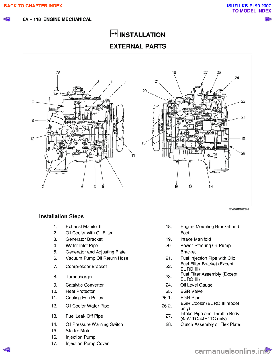 ISUZU KB P190 2007  Workshop Owners Manual 6A – 118  ENGINE MECHANICAL 
 
 INSTALLATION 
EXTERNAL PARTS 
   
 
 
 
 
RTW 36AMF000701 
 Installation Steps     
   1.  
Exhaust Manifold      18.  Engine Mounting Bracket and  
   2.  
Oil Coole