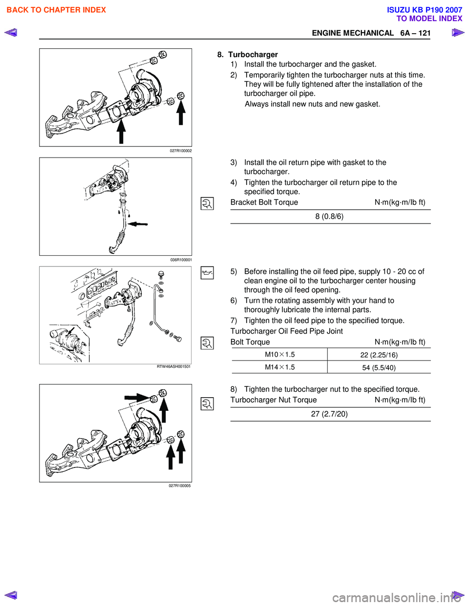 ISUZU KB P190 2007 Workshop Repair Manual ENGINE MECHANICAL 6A – 121
8. Turbocharger
1) Install the turbocharger and the gasket.
2) Temporarily tighten the turbocharger nuts at this time. They will ISUZU KB P190 2007 Workshop Repair Manual ENGINE MECHANICAL 6A – 121
8. Turbocharger
1) Install the turbocharger and the gasket.
2) Temporarily tighten the turbocharger nuts at this time. They will
