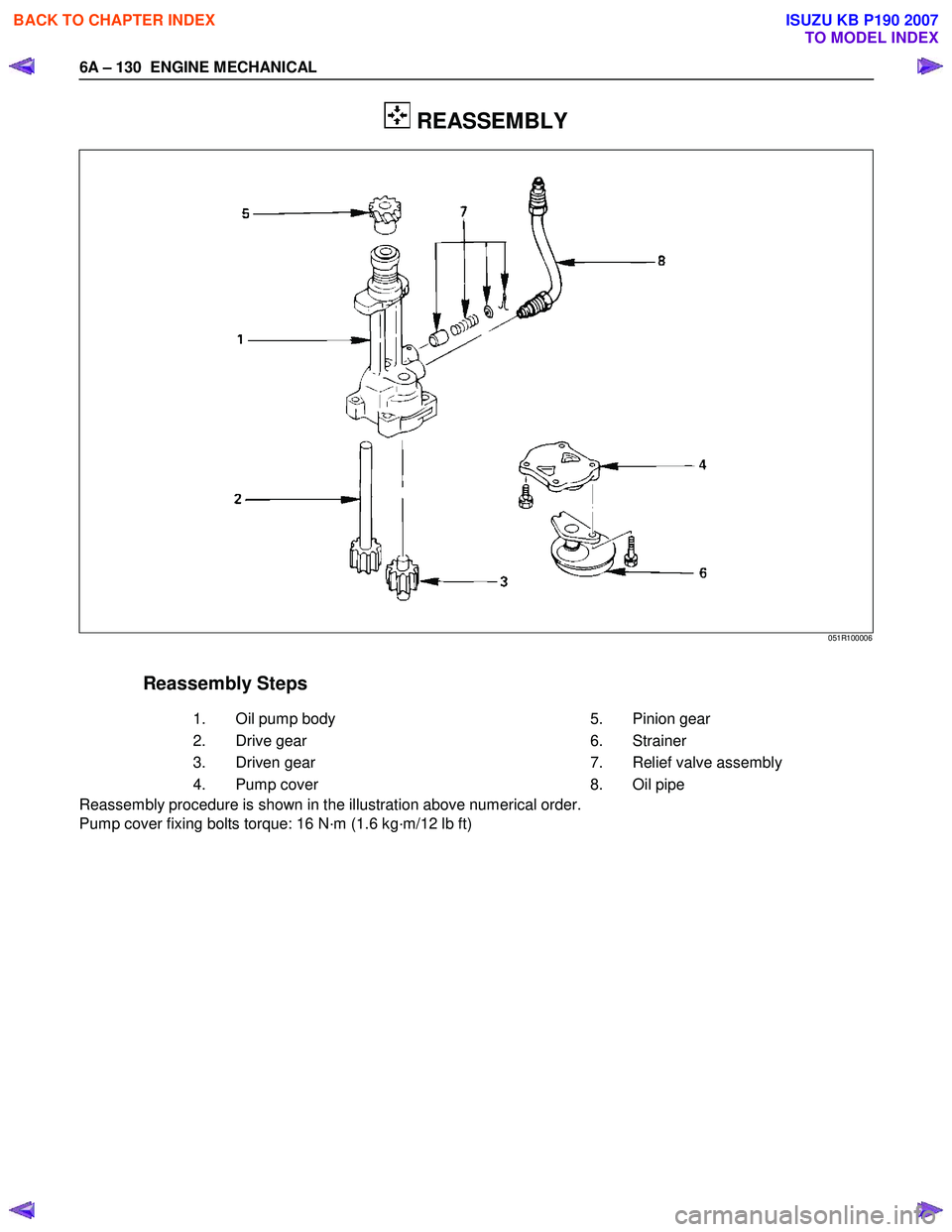 ISUZU KB P190 2007  Workshop Repair Manual 6A – 130  ENGINE MECHANICAL 
 
 REASSEMBLY 
  
 
 
 
 
 
 
 
 
 
 
 
 
 
 
 
 
 
 
 
 
 
 
 
 
Reassembly Steps     
   1.  
Oil pump body      5. 
Pinion gear 
   2.  
Drive gear      6.  Strainer 