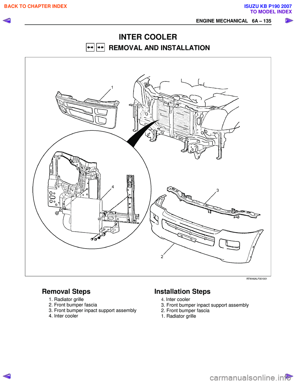 ISUZU KB P190 2007  Workshop Repair Manual ENGINE MECHANICAL   6A – 135 
  
 
INTER COOLER 
   REMOVAL AND INSTALLATION 
   
 
 
 
 
RTW 46ALF001001 
 
Removal Steps   
 1. Radiator grille  
  2. Front bumper fascia  
  3. Front bumper inpac
