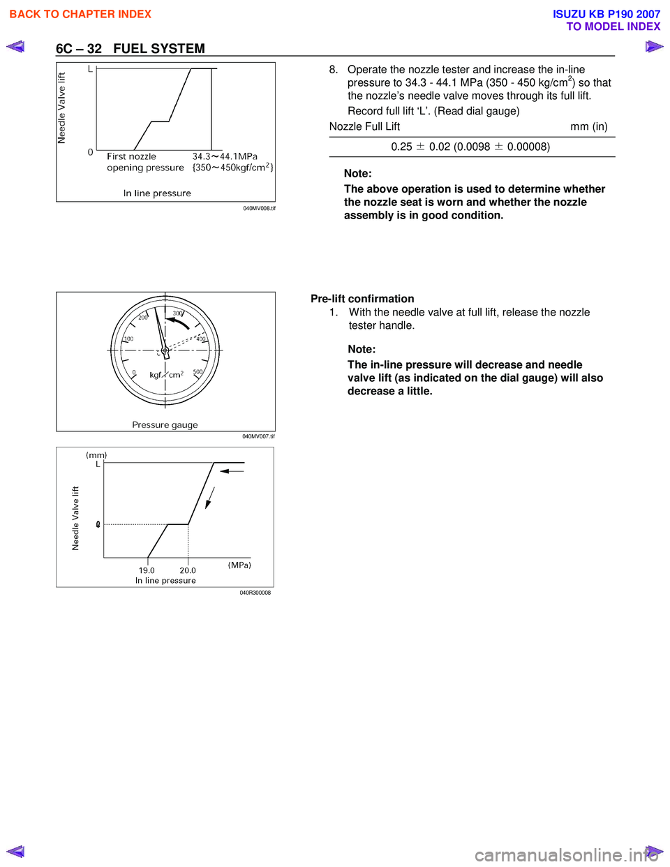 ISUZU KB P190 2007  Workshop User Guide 6C – 32   FUEL SYSTEM 
 
 8.  Operate the nozzle tester and increase the in-line 
pressure to 34.3 - 44.1 MPa (350 - 450 kg/cm2) so that 
the nozzle’s needle valve moves through its full lift. 
  
