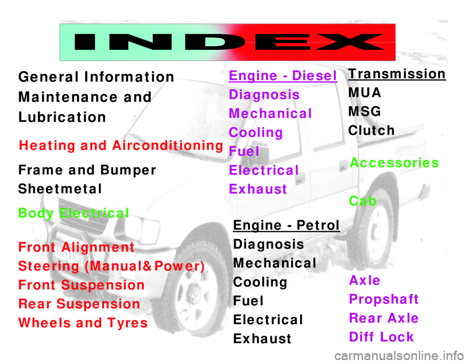 ISUZU TF SERIES 1993  Workshop Manual GeneralInformation
Maintenanceand
Lubrication
HeatingandAirconditioning
FrameandBumper
Sheetmetal
FrontAlignment
Steering(Manual&Power)
FrontSuspension
RearSuspension
WheelsandTyresAxle
Propshaft
Rear