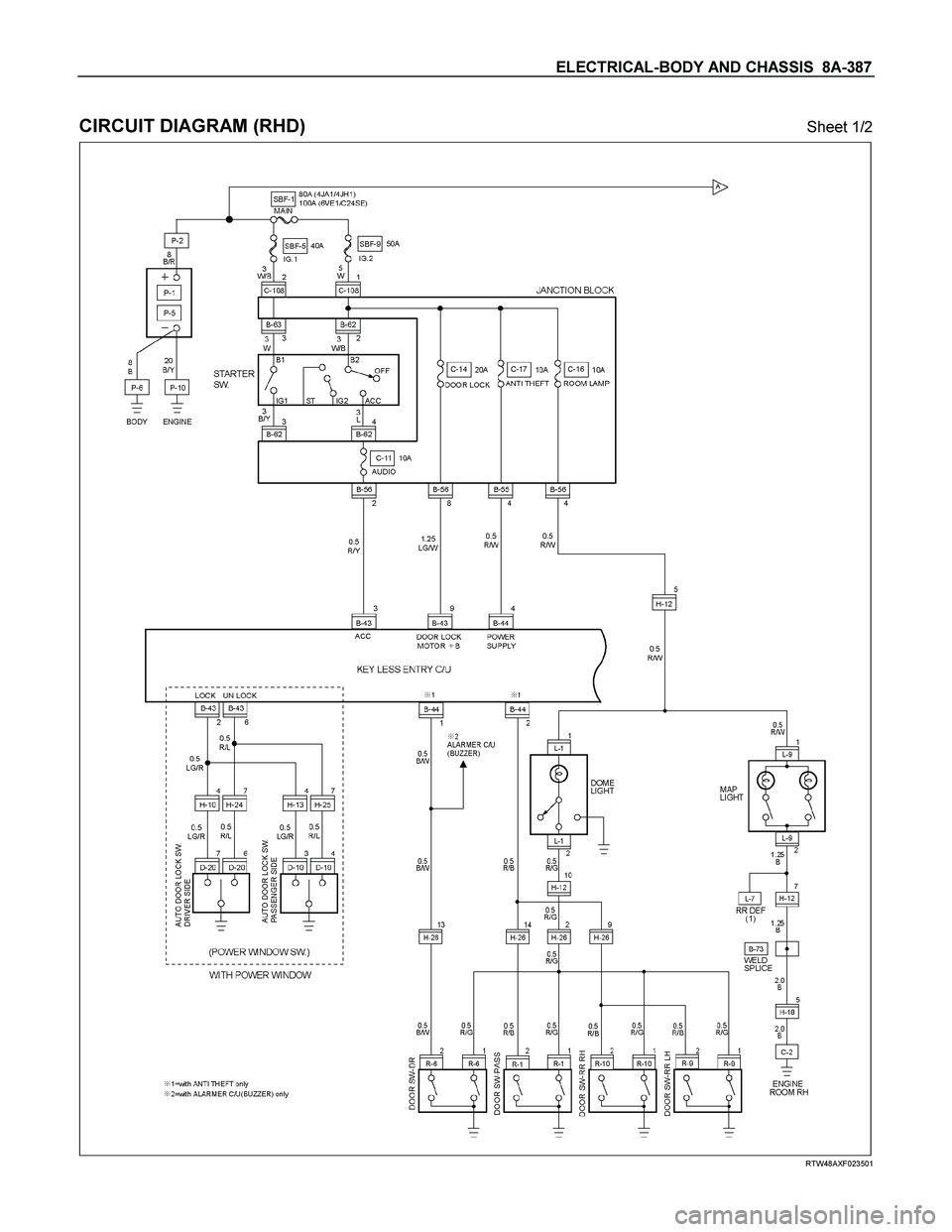 ISUZU TF SERIES 2004 Workshop Manual ELECTRICAL-BODY AND CHASSIS 8A-387
CIRCUIT DIAGRAM (RHD) Sheet 1/2
RTW48AXF023501 ISUZU TF SERIES 2004 Workshop Manual ELECTRICAL-BODY AND CHASSIS 8A-387
CIRCUIT DIAGRAM (RHD) Sheet 1/2
RTW48AXF023501