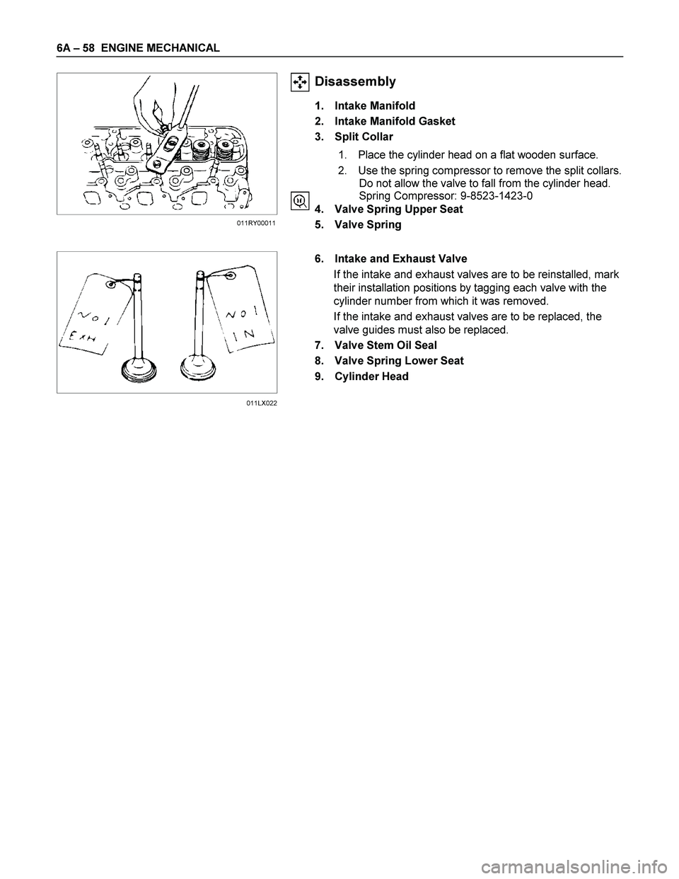 ISUZU TF SERIES 2004 Workshop Manual 6A – 58 ENGINE MECHANICAL
Disassembly
1. Intake Manifold
2. Intake Manifold Gasket
3. Split Collar
1. Place the cylinder head on a flat wooden su ISUZU TF SERIES 2004 Workshop Manual 6A – 58 ENGINE MECHANICAL
Disassembly
1. Intake Manifold
2. Intake Manifold Gasket
3. Split Collar
1. Place the cylinder head on a flat wooden su