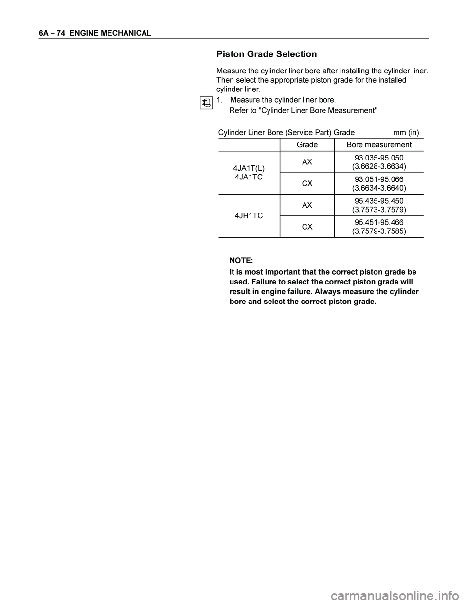 ISUZU TF SERIES 2004 Workshop Manual 6A – 74 ENGINE MECHANICAL
Piston Grade Selection
Measure the cylinder liner bore after installing the cylinder liner.
Then select the appropriate piston grade for the insta ISUZU TF SERIES 2004 Workshop Manual 6A – 74 ENGINE MECHANICAL
Piston Grade Selection
Measure the cylinder liner bore after installing the cylinder liner.
Then select the appropriate piston grade for the insta