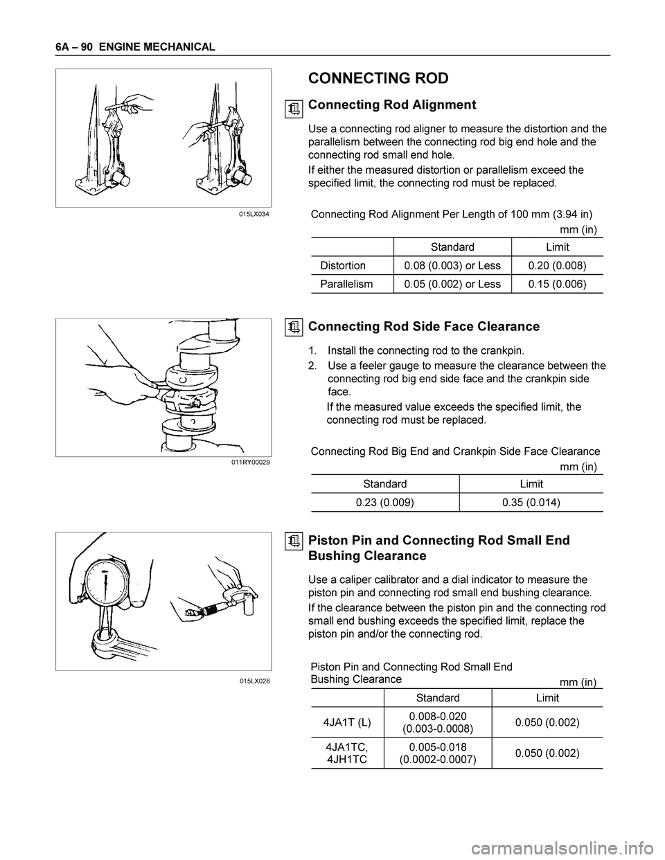 ISUZU TF SERIES 2004 User Guide 6A – 90  ENGINE MECHANICAL 
  
 
 
 
 
 
 CONNECTING ROD 
Connecting Rod Alignment 
Use a connecting rod aligner to measure the distortion and the 
parallelism between the connecting rod big end hol