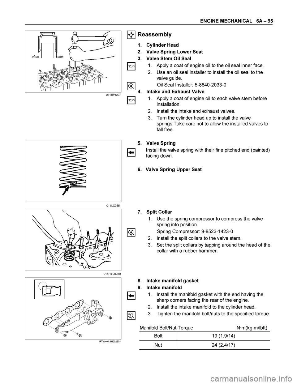 ISUZU TF SERIES 2004 Workshop Manual ENGINE MECHANICAL 6A – 95
Reassembly
1. Cylinder Head
2. Valve Spring Lower Seat
3. Valve Stem Oil Seal
1. Apply a coat of engine oil to the oil seal inner ISUZU TF SERIES 2004 Workshop Manual ENGINE MECHANICAL 6A – 95
Reassembly
1. Cylinder Head
2. Valve Spring Lower Seat
3. Valve Stem Oil Seal
1. Apply a coat of engine oil to the oil seal inner
