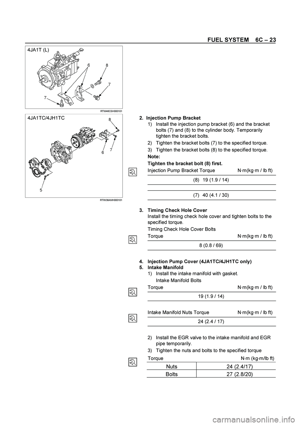 ISUZU TF SERIES 2004 Manual Online FUEL SYSTEM 6C – 23
4JA1T (L)
RTW46CSH000101
4JA1TC/4JH1TC
RTW36AMH000101
2. Injection Pump Bracket
1) Install the injection pump ISUZU TF SERIES 2004 Manual Online FUEL SYSTEM 6C – 23
4JA1T (L)
RTW46CSH000101
4JA1TC/4JH1TC
RTW36AMH000101
2. Injection Pump Bracket
1) Install the injection pump