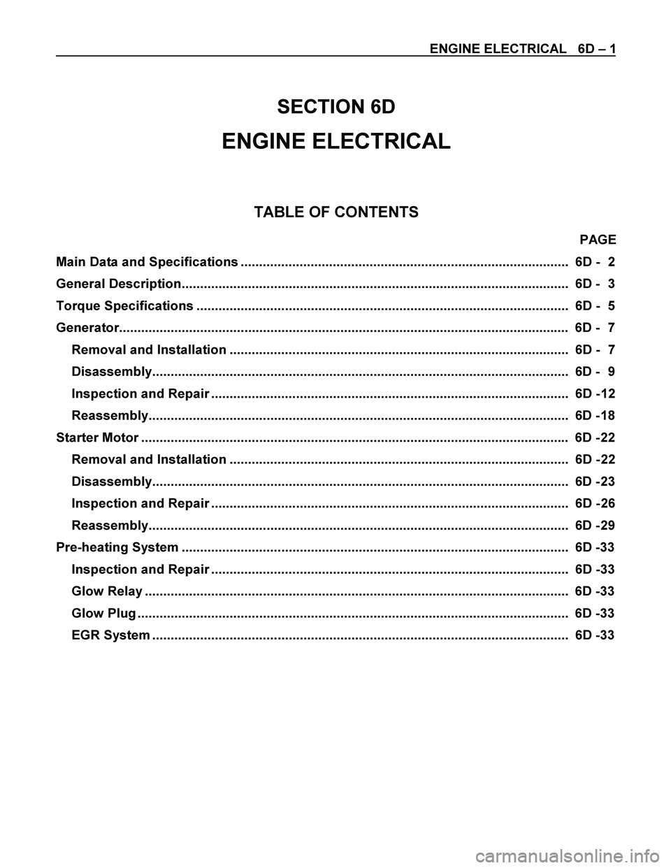 ISUZU TF SERIES 2004 Workshop Manual ENGINE ELECTRICAL 6D – 1
SECTION 6D
ENGINE ELECTRICAL
TABLE OF CONTENTS
PAGE
Main Data and Specifications ............................................................................. ISUZU TF SERIES 2004 Workshop Manual ENGINE ELECTRICAL 6D – 1
SECTION 6D
ENGINE ELECTRICAL
TABLE OF CONTENTS
PAGE
Main Data and Specifications .............................................................................